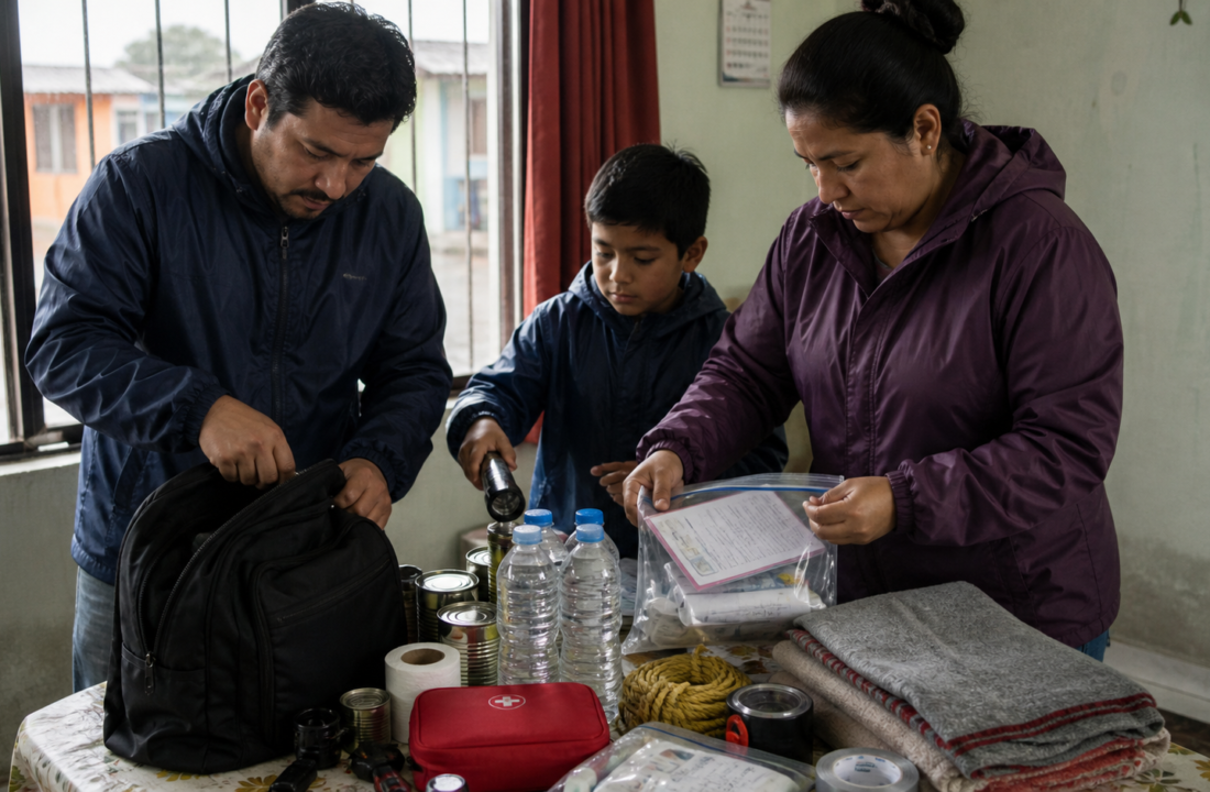 Familia prepara una mochila de emergencia junto a documentos protegidos contra la lluvia