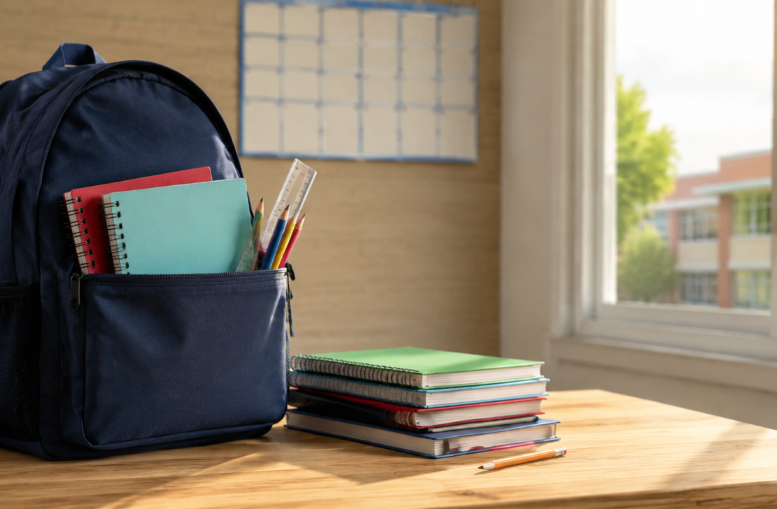 Mochila y cuadernos sobre un escritorio frente a una escuela urbana, imagen editorial sobre el inicio del ciclo escolar.