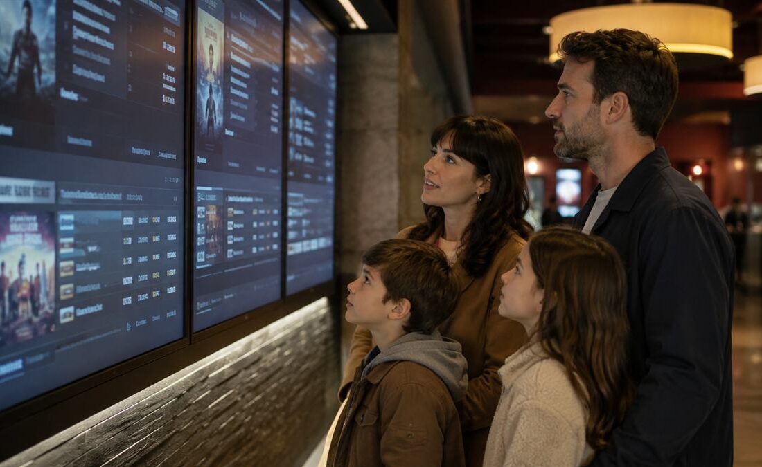 Familia revisa clasificación y horarios de películas antes de elegir una función de cine