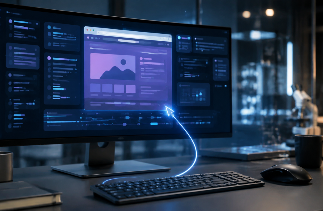 Monitor de computadora con interfaces abstractas y un cursor luminoso que representa el uso de computadora por inteligencia artificial