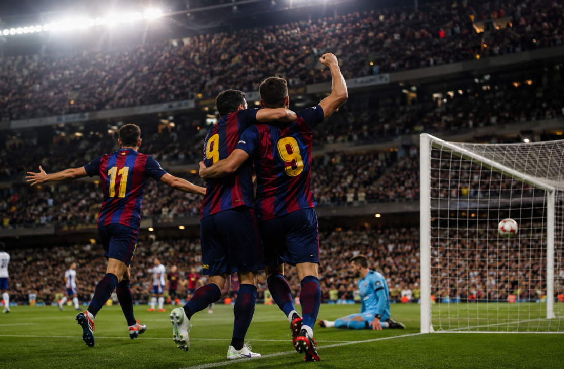 Jugadores de un equipo azul y granate celebran un gol en un estadio lleno.