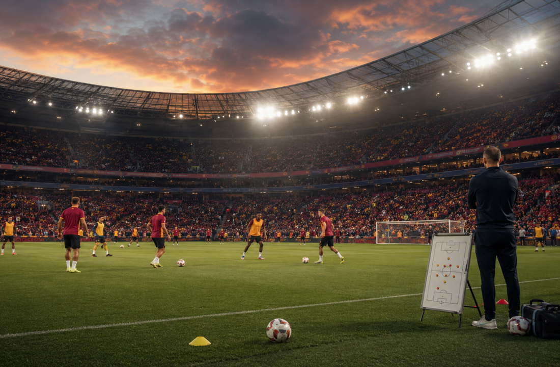 Estadio de futbol lleno mientras dos equipos se preparan para un partido de LaLiga.