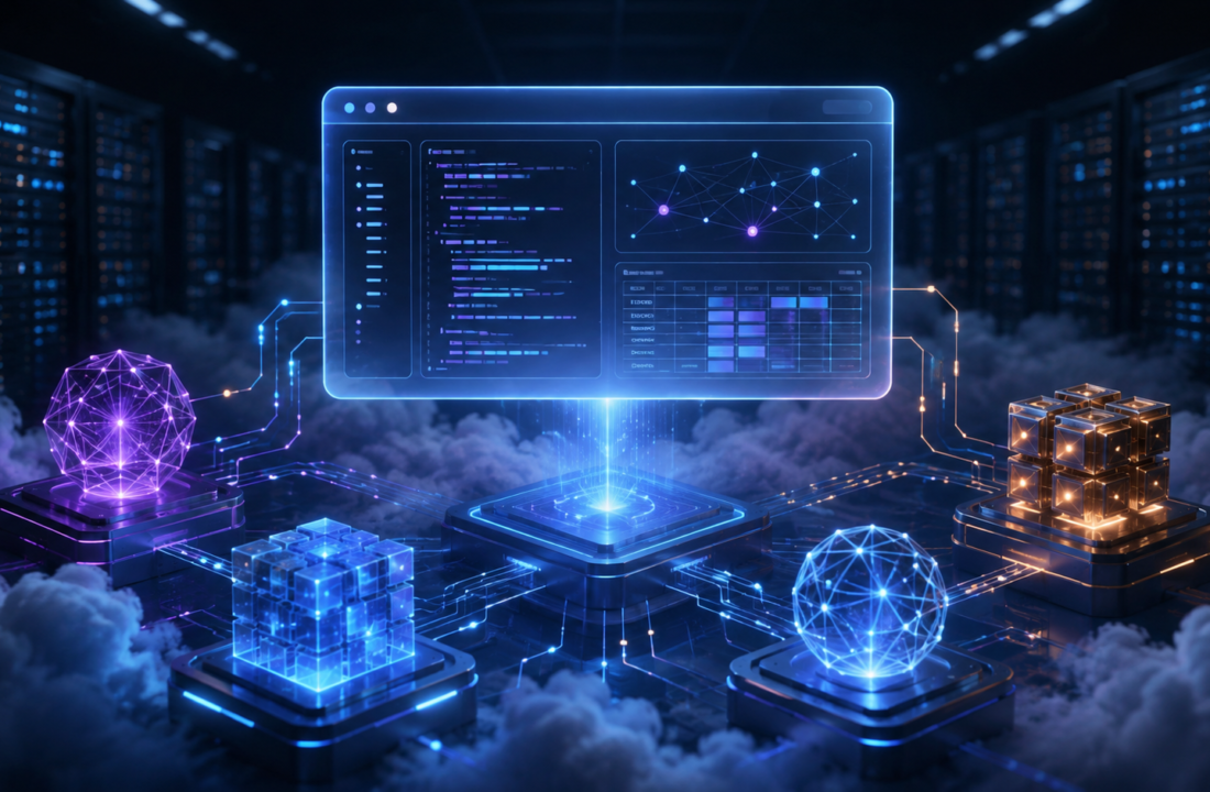 Agentes de inteligencia artificial colaborando en la nube frente a un entorno de código y datos, en una ilustración editorial de Ciencia y Tecnología.