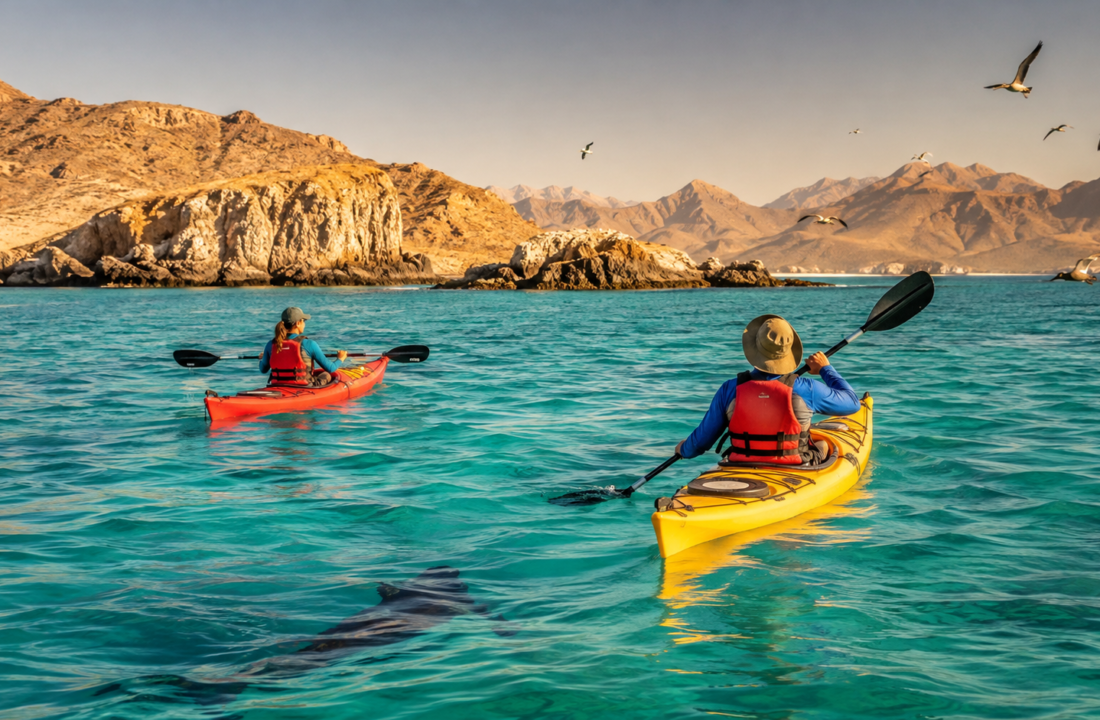 Kayakistas reman entre las islas del Parque Nacional Bahía de Loreto, Baja California Sur.