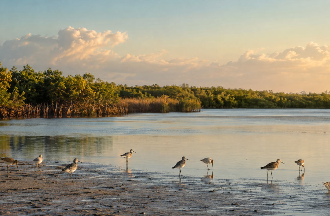 Aves playeras descansando y alimentándose en un humedal costero al amanecer, en una imagen editorial de conservación.