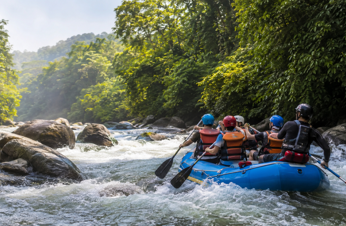 Balsa de rafting con viajeros en los rápidos del río de Los Pescados, Jalcomulco, Veracruz.
