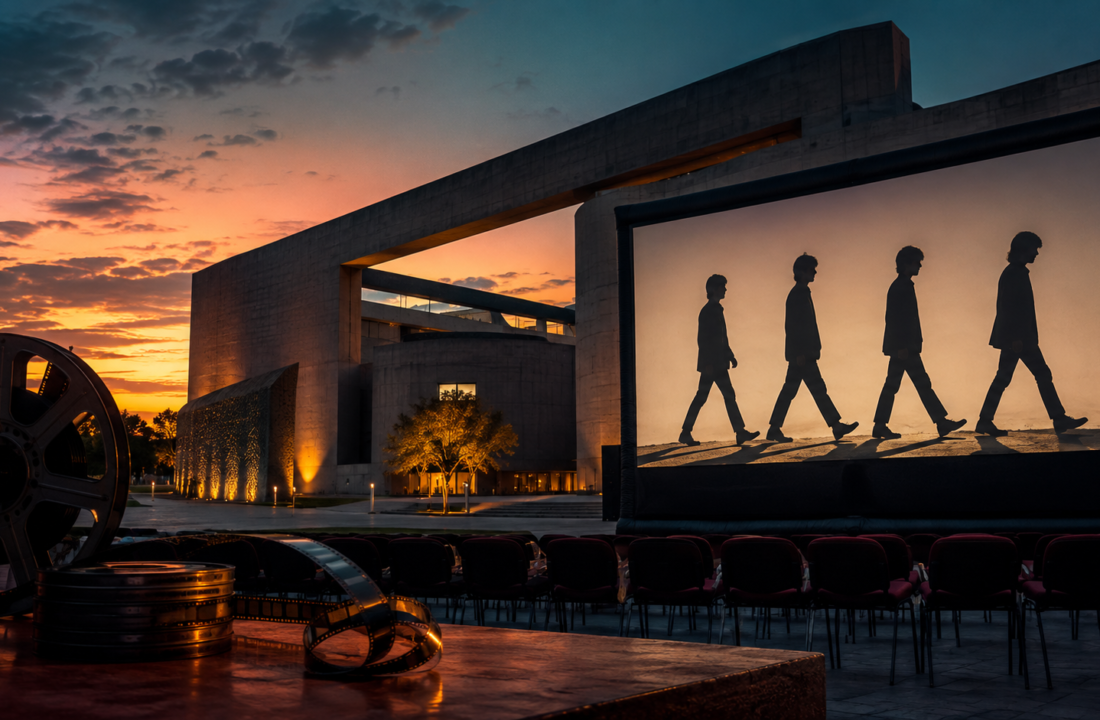 Ciclo de cine gratuito sobre The Beatles en el CENART, con pantalla de proyección y cuatro siluetas de músicos