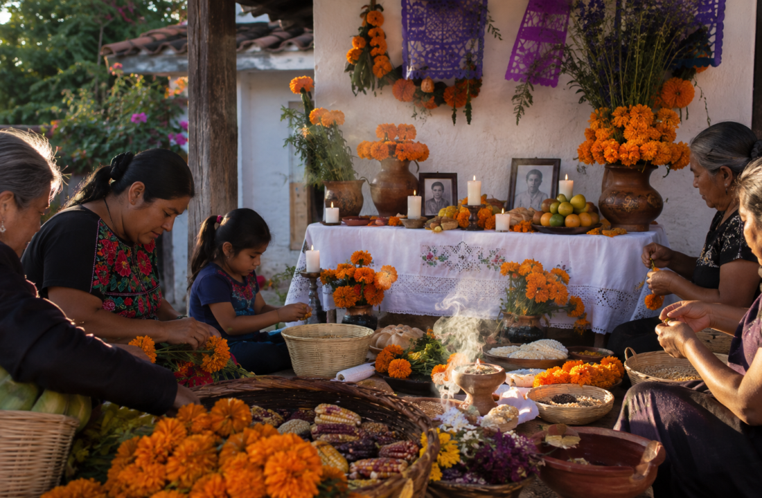 Familia prepara una ofrenda de Día de Muertos con flores de cempasúchil y alimentos tradicionales.