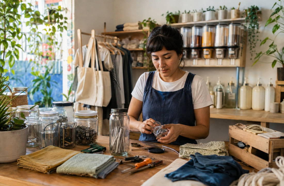 Emprendedora clasifica materiales reutilizables y prepara envases retornables en un taller comunitario.