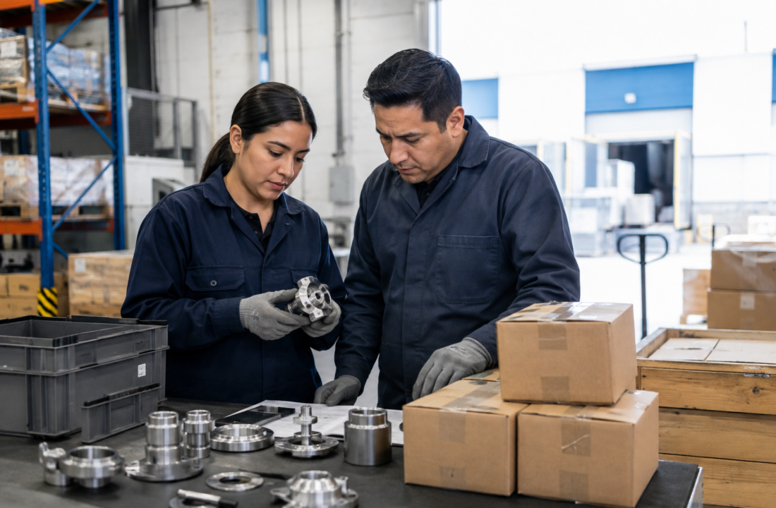 Equipo de proveedores mexicanos revisa componentes industriales y cajas listas para una cadena de suministro.
