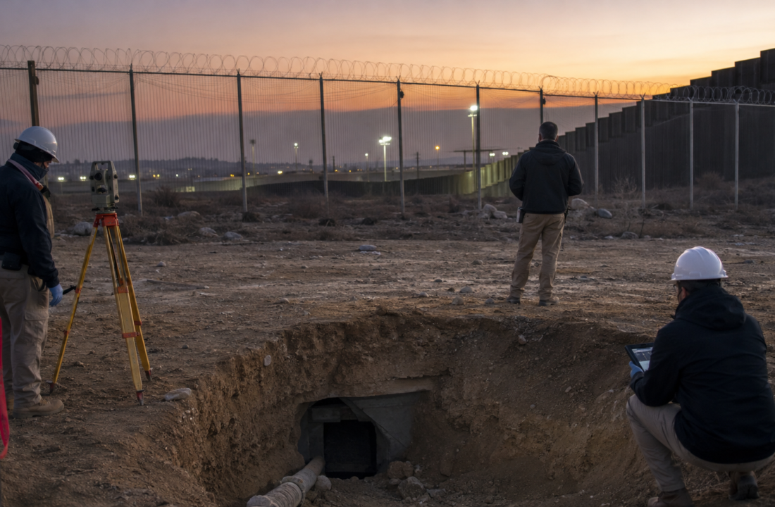 Investigadores inspeccionan la entrada de un túnel fronterizo durante una operación de seguridad